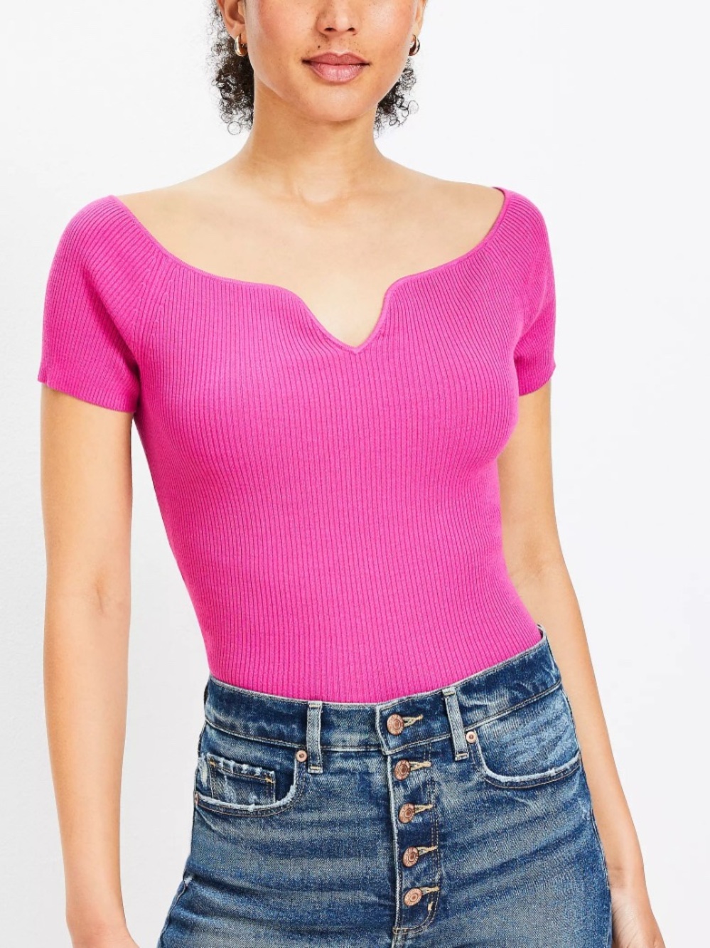 NWT LOFT Ribbed Knit Notch-Neck Top, Bright Pink, M. Fitted sweater tee msrp $55
